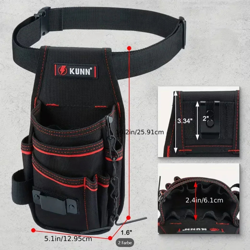 Schwarze Werkzeugtasche mit Gürtelschlaufe, mehreren Fächern und roten Nähten, Maße angegeben