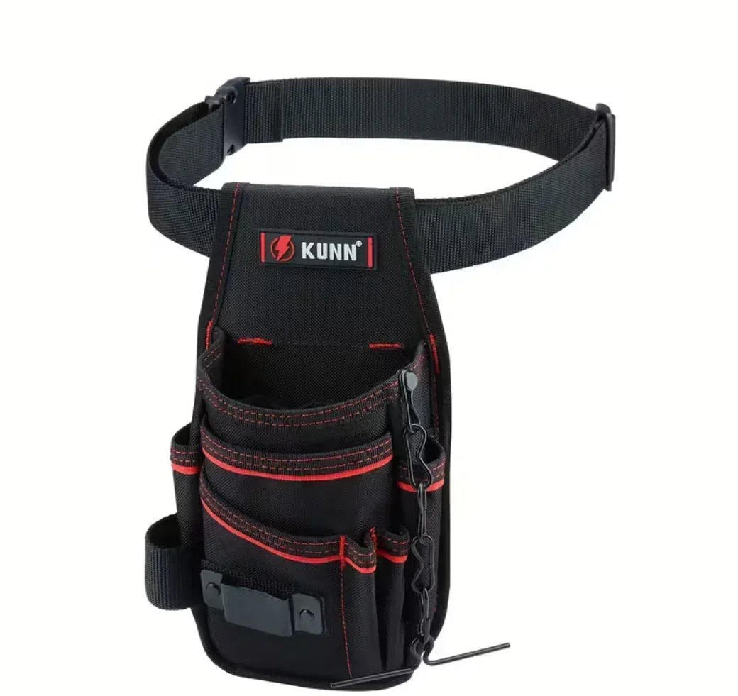 Schwarze Werkzeugtasche mit mehreren Fächern und roter Naht, praktischer Gürtel