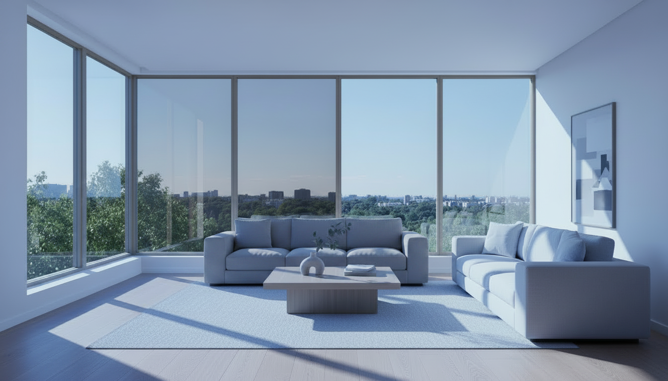 AI generiertes Bild mit Wohnzimmer und Blick nach draußen. Einige Fenster haben eine Fensterfolie.