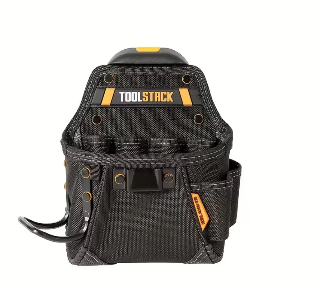 Schwarze Werkzeugtasche mit mehreren Fächern und gelben Akzenten für Handwerkerbedarf