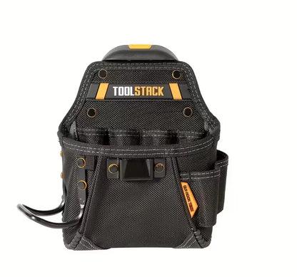 Schwarze Werkzeugtasche mit mehreren Fächern und gelben Akzenten für Handwerkerbedarf