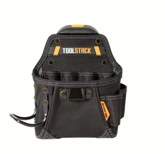 Schwarze Werkzeugtasche mit mehreren Fächern und gelben Akzenten für Handwerkerbedarf