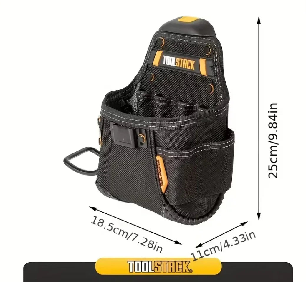 Schwarze Werkzeugtasche mit mehreren Fächern, kompakt, Maße 25x18,5x11 cm, robust für Handwerker