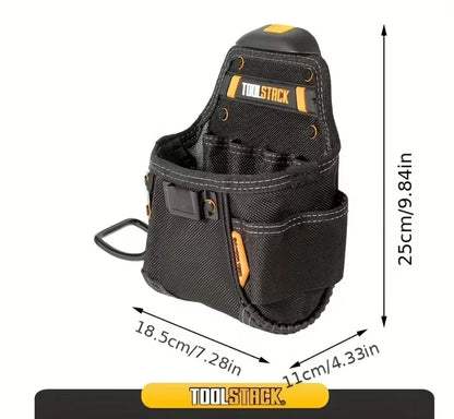 Schwarze Werkzeugtasche mit mehreren Fächern, kompakt, Maße 25x18,5x11 cm, robust für Handwerker