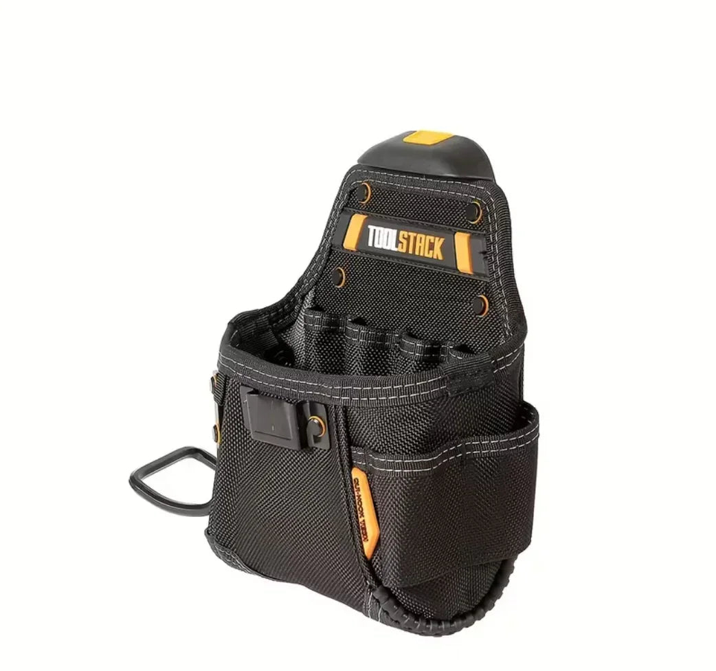 Schwarze Werkzeugtasche aus robustem Stoff mit mehreren Fächern, freigestellt, Nahaufnahme