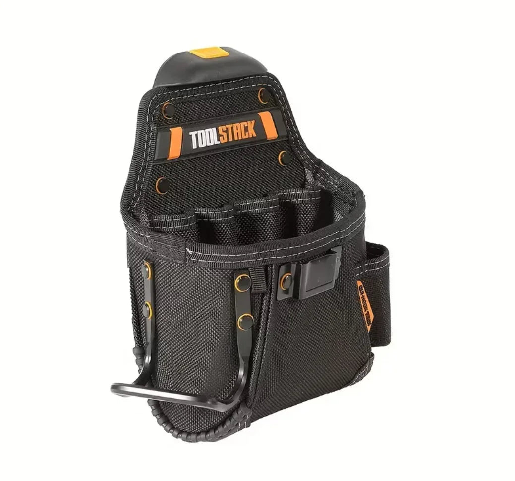 Schwarze Werkzeugtasche aus robustem Gewebe mit mehreren Fächern und Metallhaken