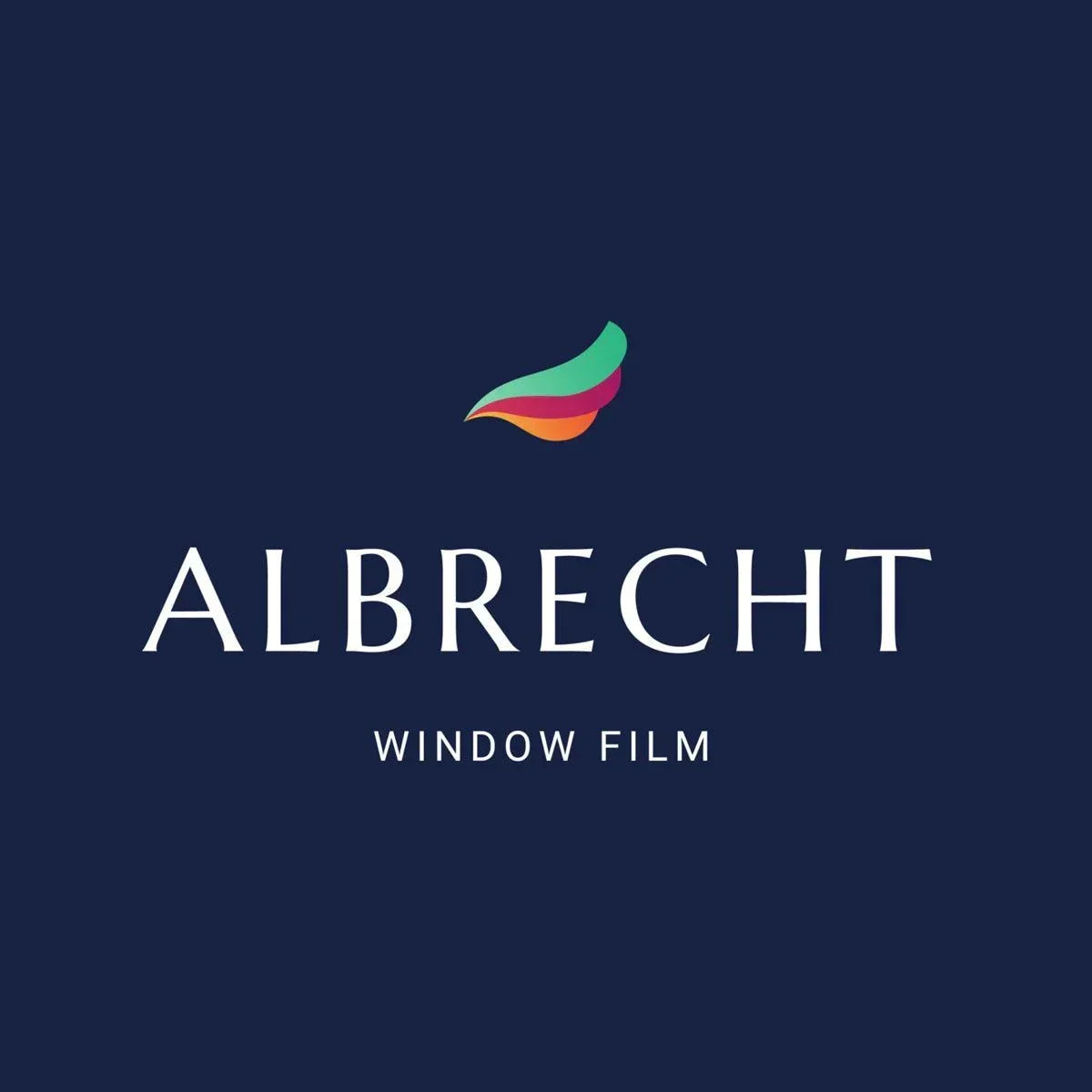Modernes Albrecht Window Film Logo mit buntem Blatt auf dunkelblauem Hintergrund