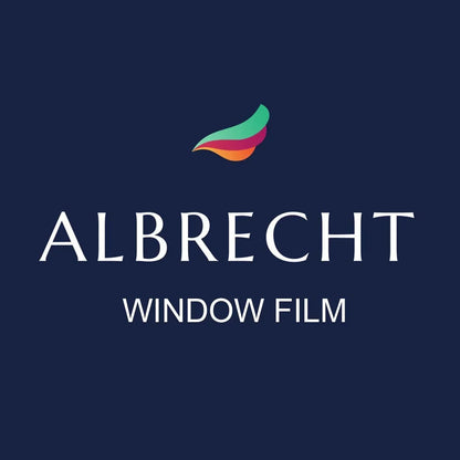 Logo mit buntem abstraktem Symbol und Schriftzug 'Albrecht Window Film' auf blauem Hintergrund