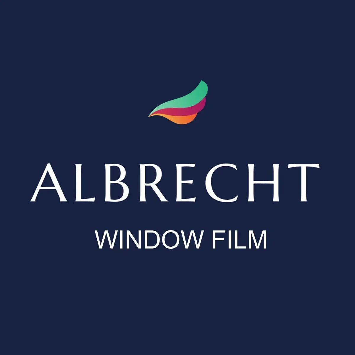 Modernes Logo mit buntem Blatt und Schriftzug Albrecht Window Film auf dunkelblauem Hintergrund