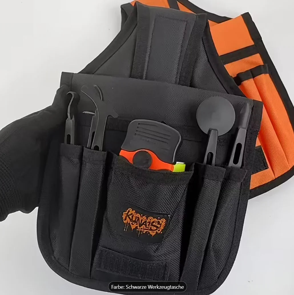 Schwarze Werkzeugtasche mit mehreren Fächern und Werkzeugen, geeignet für Fensterfolienmontage