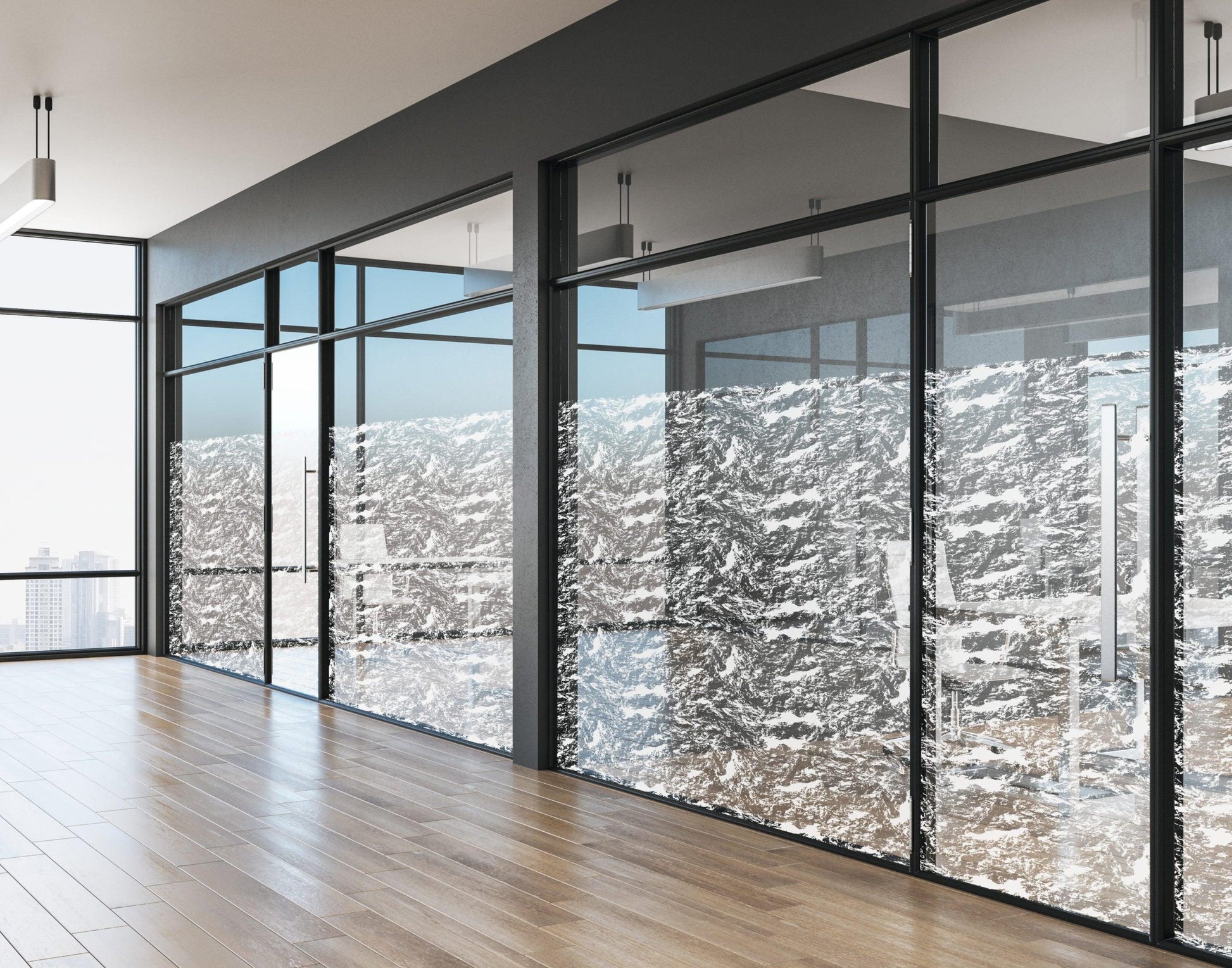 Moderne Büroräume mit dekorativer Fensterfolie in Marmoroptik auf Glaswänden
